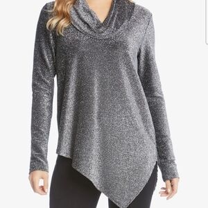 Karen Kane Aysmmetric Hem Metallic Knit Top Size XS Silver/black Shiny Sparkle